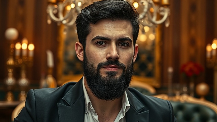 Charismatic young bearded man amidst opulence at a Mamdani wedding celebration.