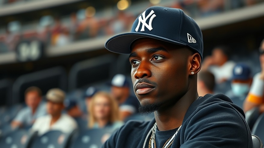 Young black man in Knicks x Yankees hat enjoying a relaxed baseball game, showcasing sports branding.