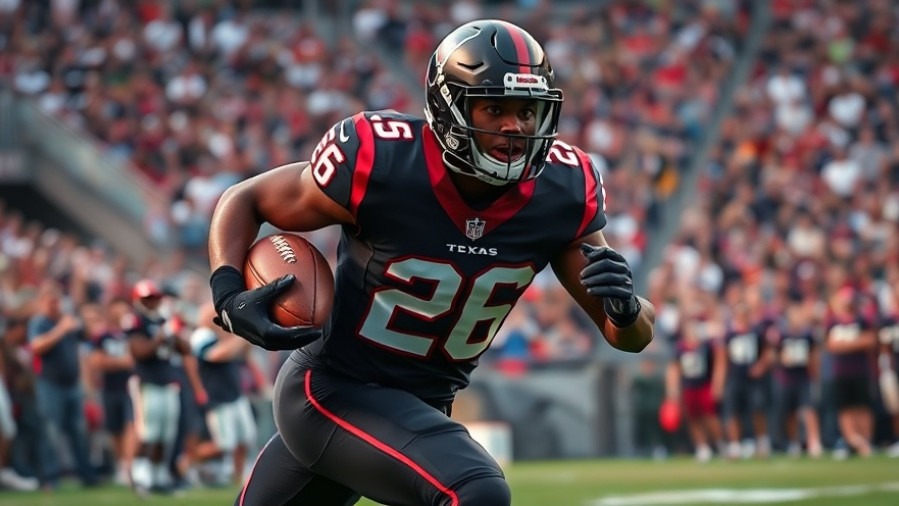 Photorealistic Houston Texans player #26 sprinting in black uniform, showcasing football strategy and player dynamics.