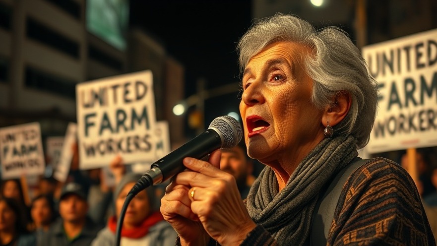 Elderly woman sharing the Dolores Huerta story at a vibrant protest, highlighting survivors in activism.
