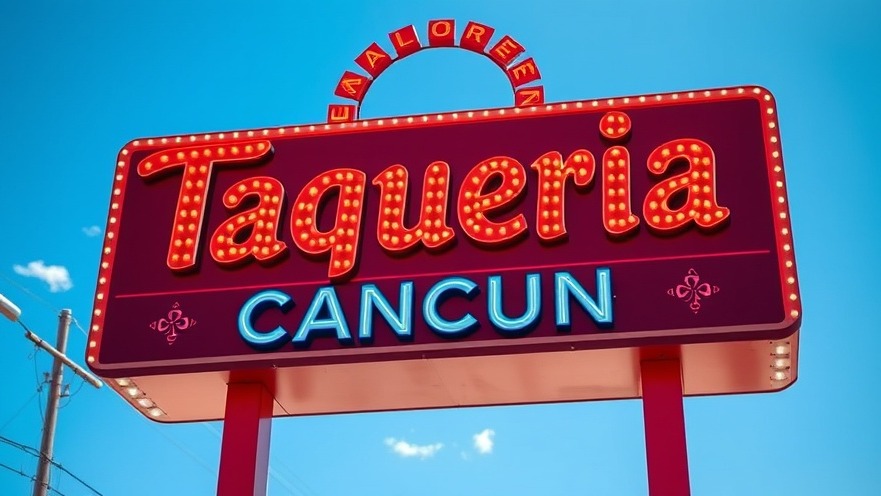 Colorful 'Taqueria Cancun' sign supporting local restaurants, against vibrant blue sky.