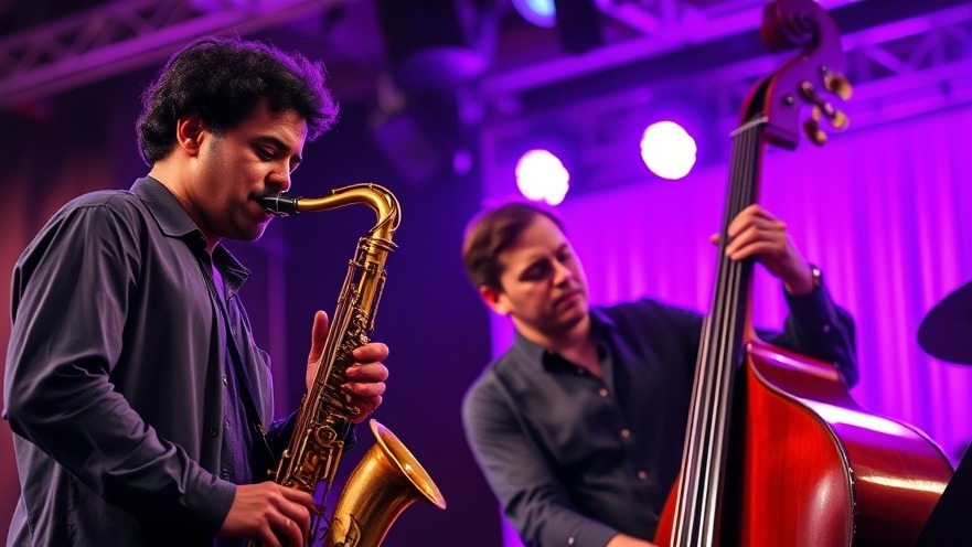 Dynamic scene at the Austin Jazz Festival with musicians performing live.