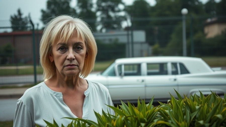 Dramatic portrayal of humanity in crime, contrasting an older woman and a hearse.