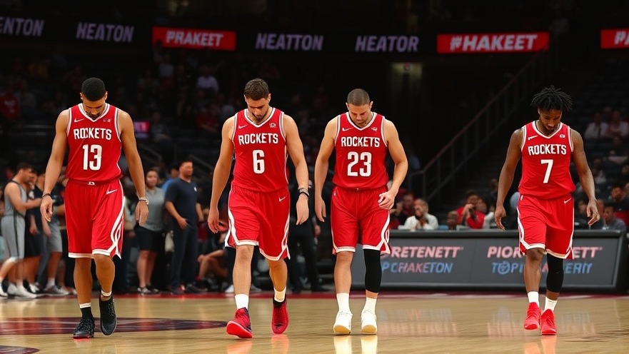 Houston Rockets news: players in red uniforms walking off court, heads lowered.