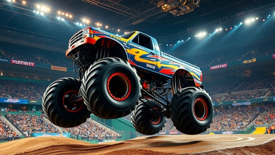 Vibrant monster truck stunt in Alamodome, showcasing winter weather San Antonio excitement.