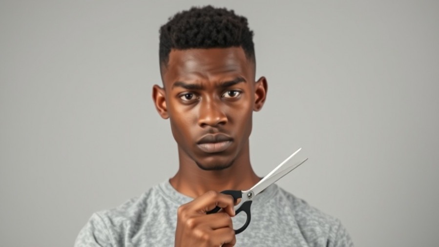 Young black male student scowling with scissors, highlighting school violence prevention.