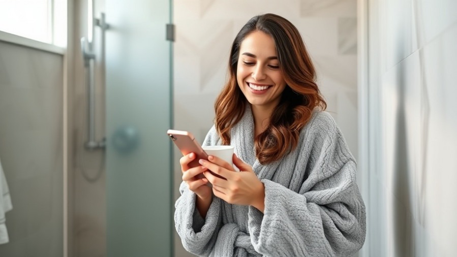 Young woman enjoying probiotics in a modern bathroom, promoting gut microbiome and holistic health.