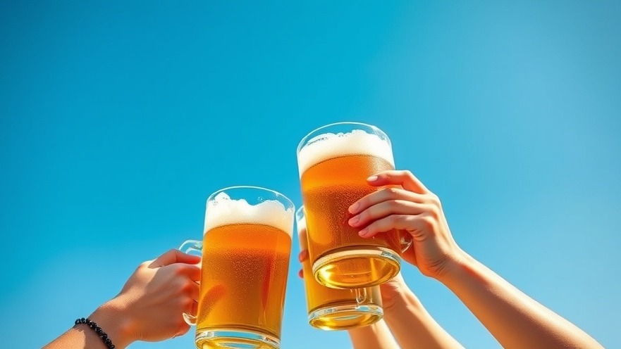 Cheers at outdoor bars in Dallas with frothy beer mugs under a vibrant blue sky.