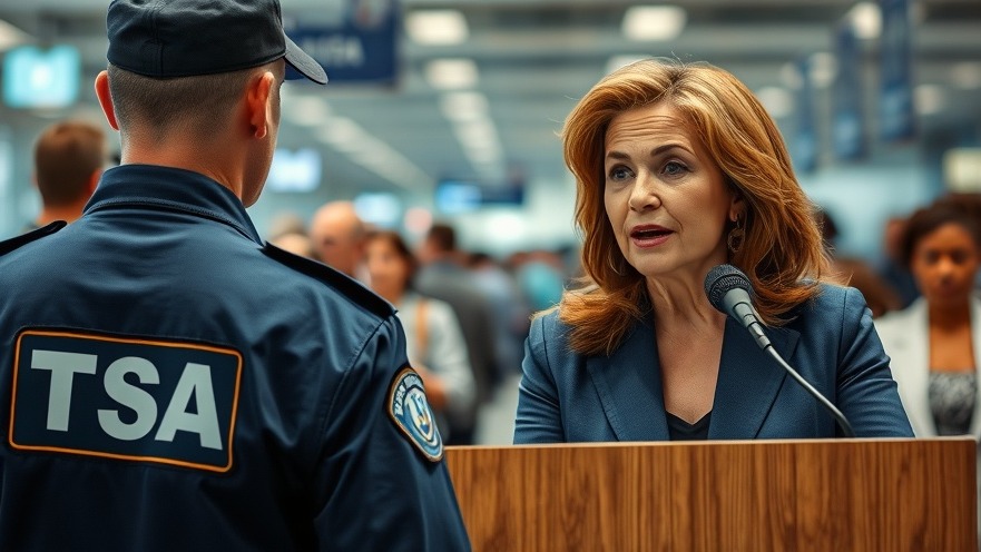 Dynamic collage of TSA officer monitoring airport and passionate speaker at podium, highlighting current events in US politics.