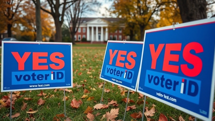 Photorealistic image of campaign signs advocating for voter ID laws in autumn setting.