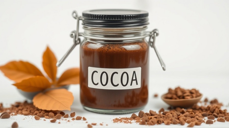 Jar labeled 'COCOA' highlighting cocoa benefits for vascular function and cardiovascular health.