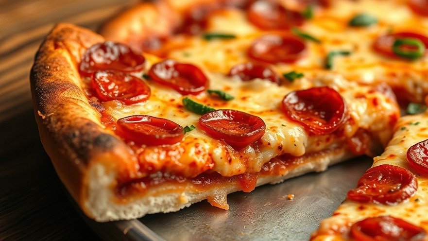 Delicious slice of deep dish Chicago pizza with gooey cheese and toppings