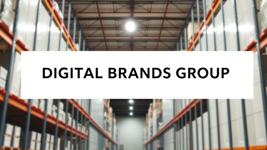 Minimalist e-commerce branding with 'DIGITAL BRANDS GROUP' on a warehouse backdrop.