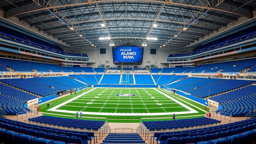 Wide-angle view of Valero Alamo Bowl stadium, showcasing vibrant seating and event preparations.