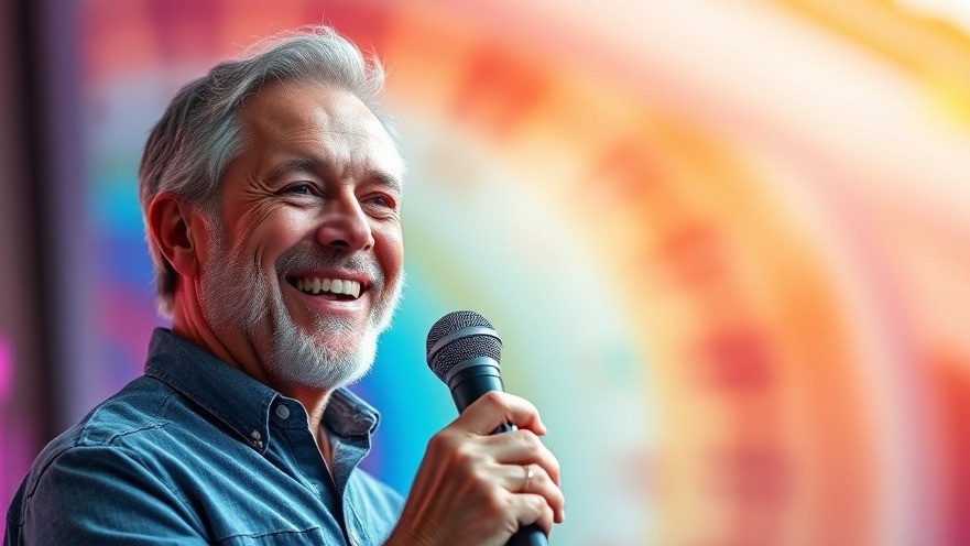 Mature man smiling with microphone, symbolizing father-daughter relationship healing.