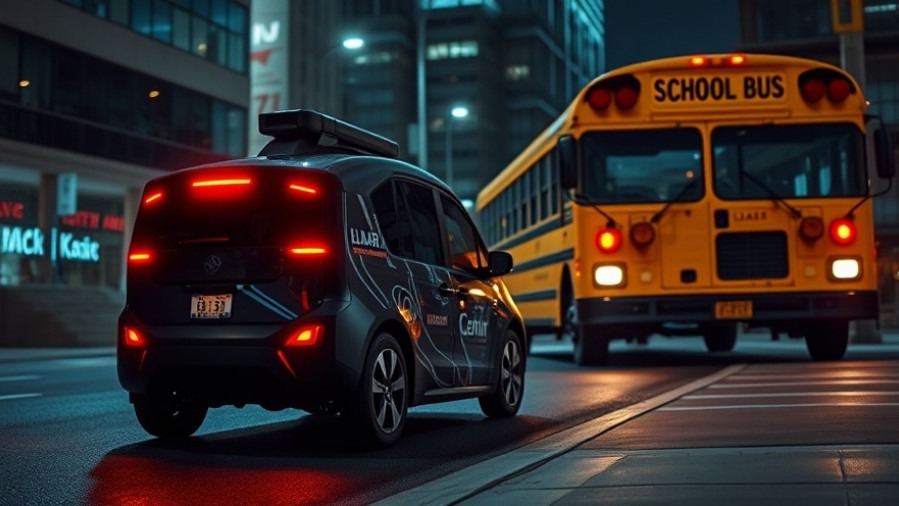 Austin autonomous car safety with LIDAR near a school bus, showcasing urban traffic laws.