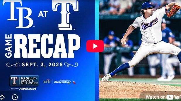 Rays vs Rangers highlights with team logos and intense player expressions.