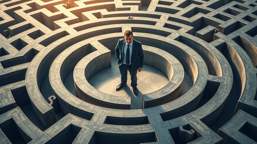 Businessman navigating a labyrinth representing natural disasters USA and political news.