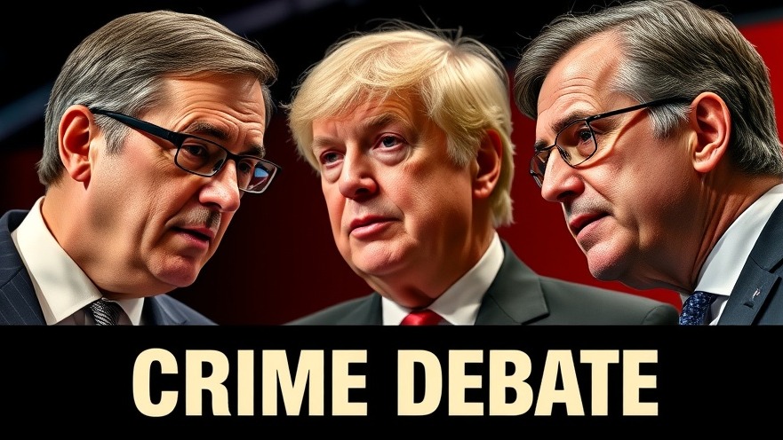 Close-up of three politicians debating national criminal trends; 'CRIME DEBATE' headline.