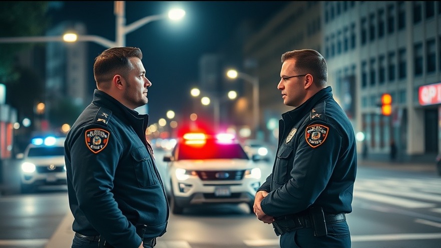 Police officers discussing updates on local crime stories near a patrol vehicle at night.