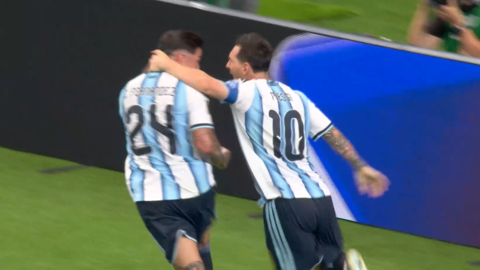 Argentina soccer victory over Austria with a player celebrating.