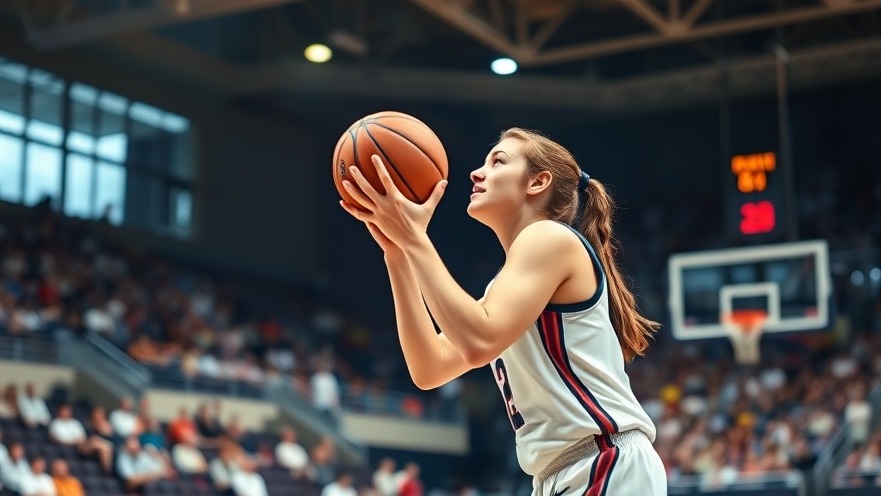 Focused white female WNBA player preparing to shoot during preseason, vibrant colors.