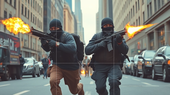 Explosive event in city skyline with security footage, Cinematic view.