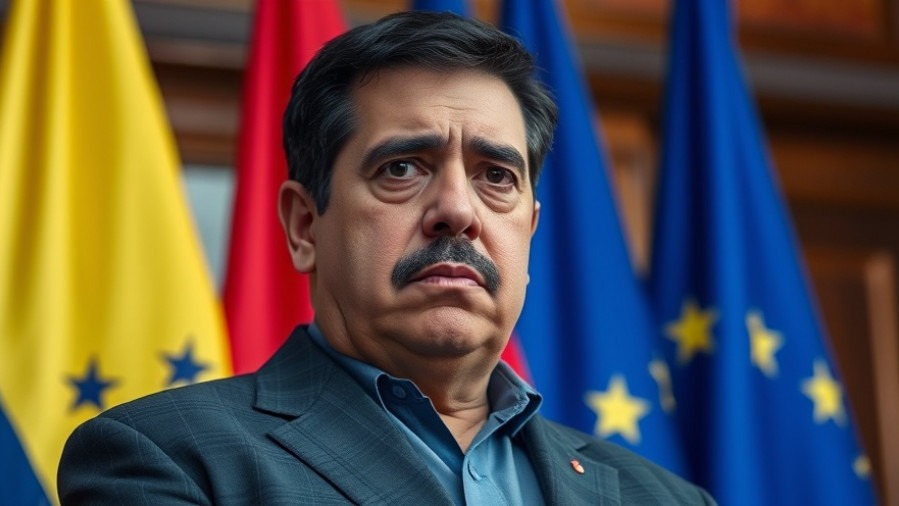 Venezuelan President Maduro, worried, stands against vibrant flags, reflecting military buildup.