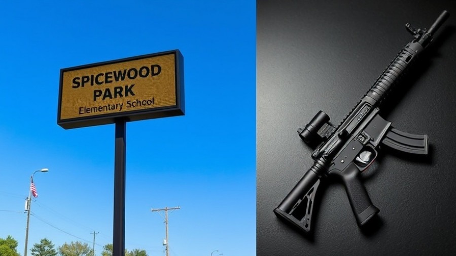Contrasting images of Spicewood Park Elementary sign and a rifle, addressing San Antonio school safety.