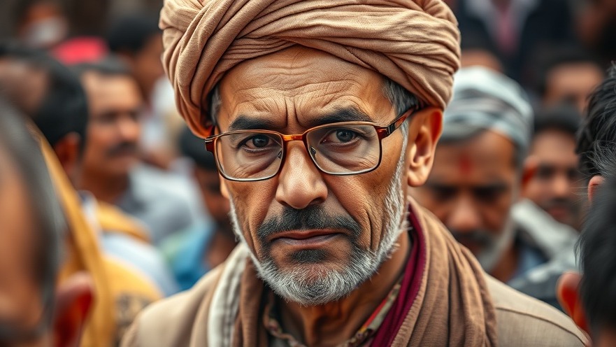 Candid scene of a stern Middle Eastern man in glasses and turban, amidst breaking US news crowd.