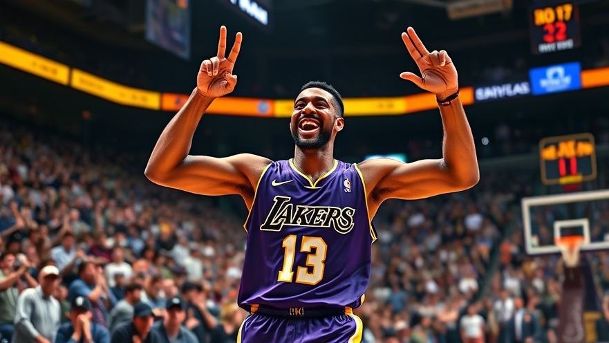 LAKERS player celebrating a three-pointer in vibrant NBA game highlights.