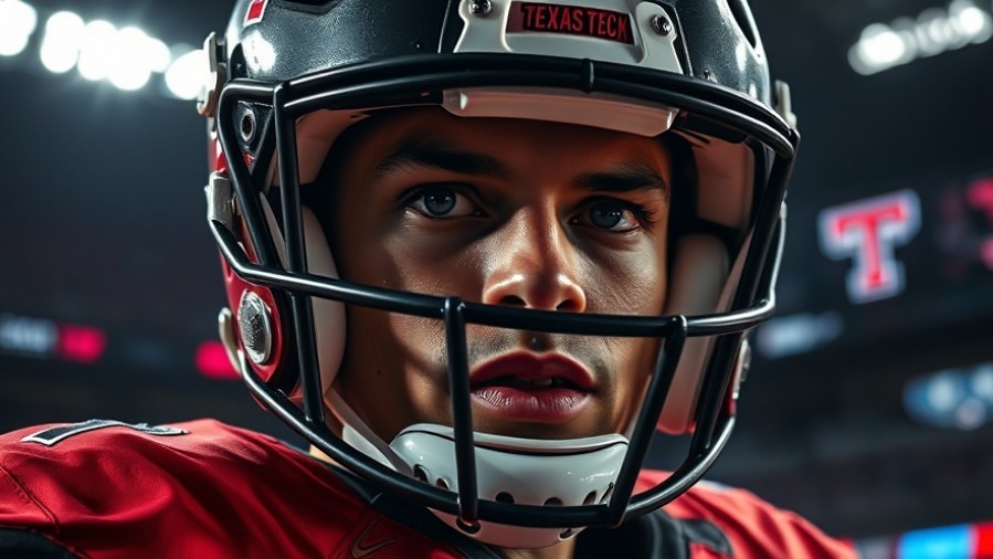 Focused Texas Tech Red Raiders player showcasing defensive performance in national championship contenders backdrop.