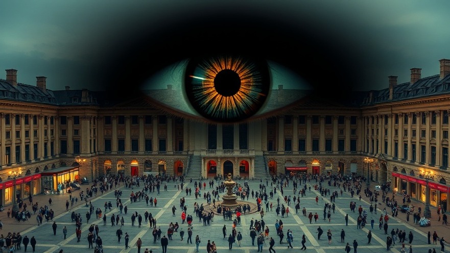 Sinister Orwellian eye watching over a public square, highlighting data collection privacy.