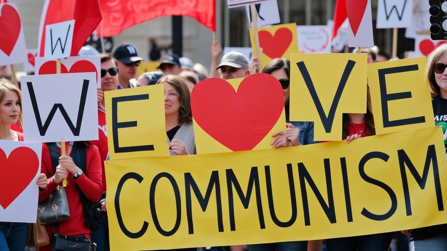 Diverse protesters passionately advocating for organized protests holding 'WE LOVE COMMUNISM' signs.