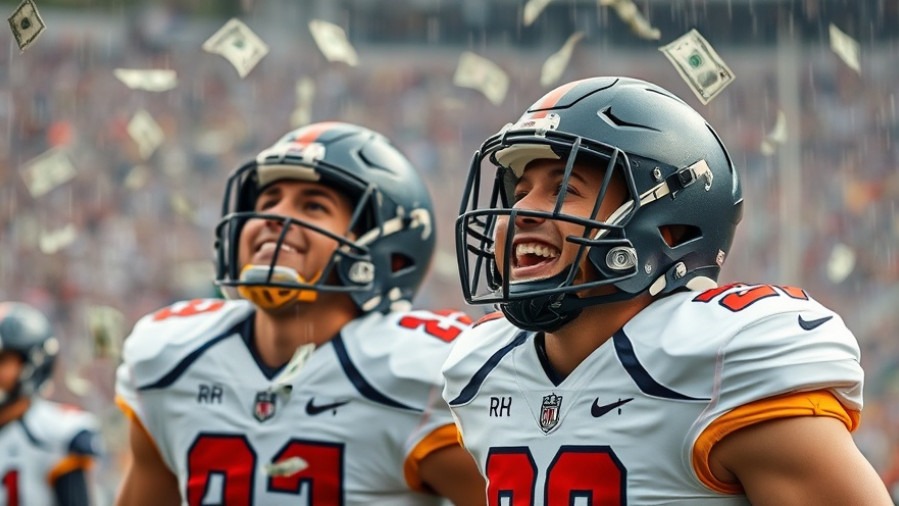 College athletes celebrate NIL deals with dollars raining down during a football game.
