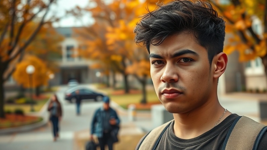 Juxtaposition of autumn campus scene and tense young Honduran man, reflecting immigration policies.