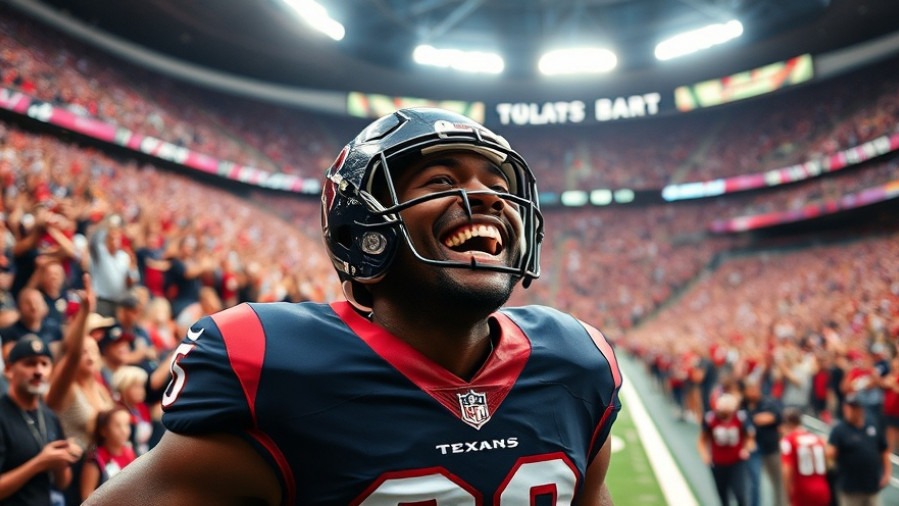 Houston Texans player celebrating victory in a vibrant stadium, showcasing sports fandom.