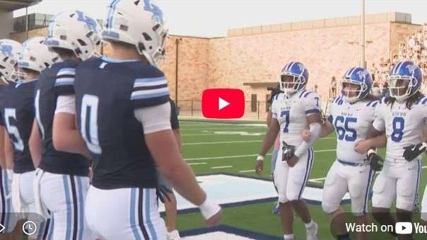 Central Texas high school football teams at midfield meeting