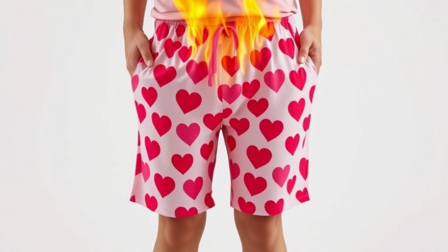 Children's sleepwear safety: vibrant heart-patterned pajama bottoms on fire against a white backdrop.
