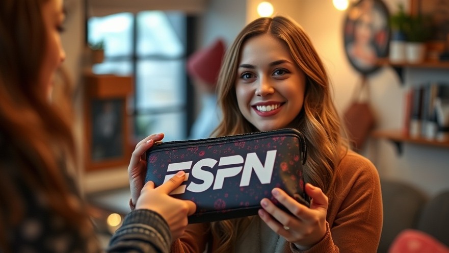 Smiling woman with personalized sports merchandise, custom ESPN makeup bag in cozy setting.