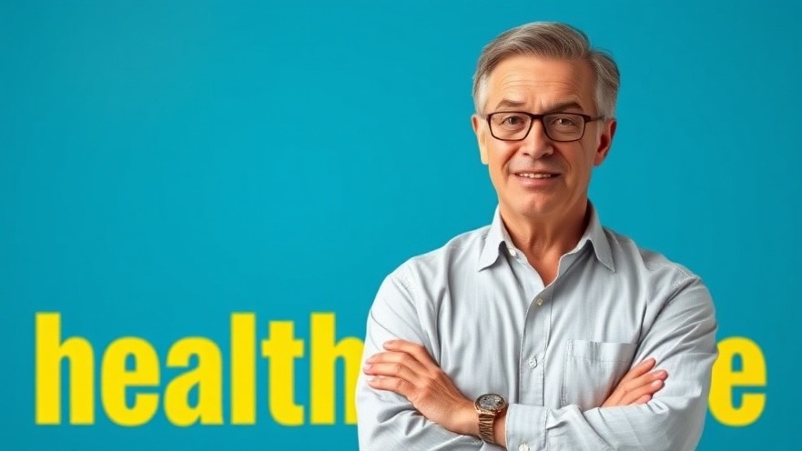 Middle-aged man offering nutrition for older adults advice, vibrant blue background.