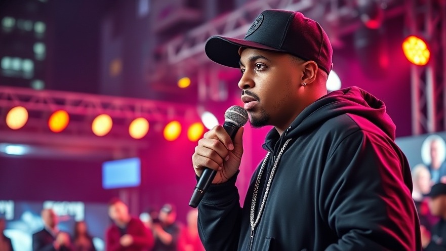 Rapper addressing hip hop crime and music industry issues, dynamic nighttime report.