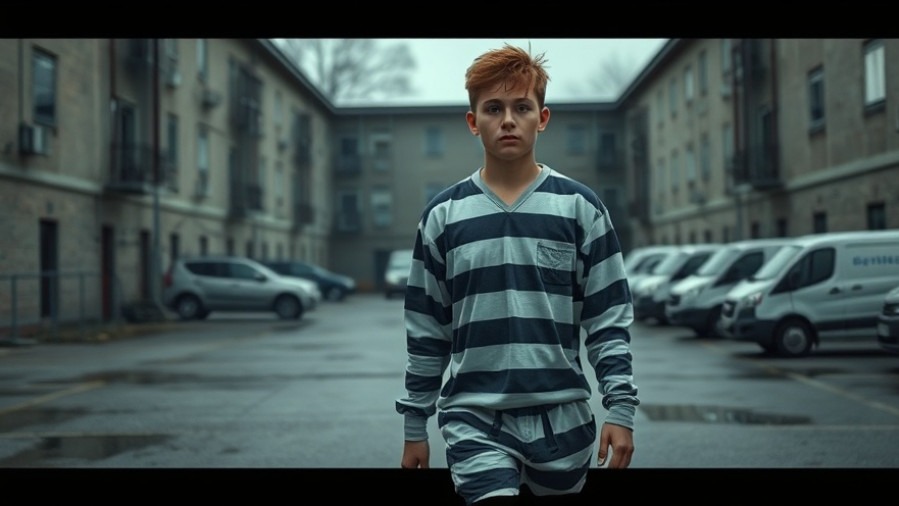 Teenager in striped prison uniform highlights teenage crime and mental health awareness.
