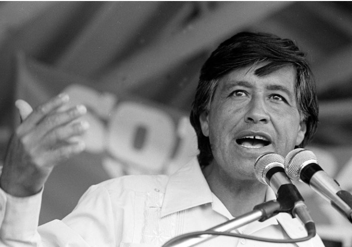 Poster of Cesar Chavez with American flag, protest scene.