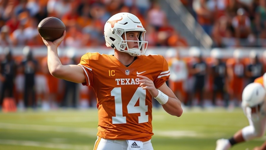 Texas Longhorns quarterback #14 celebrates victory in college football news.
