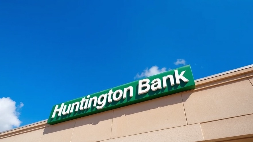 Huntington Bank sign highlights bank expansion in Austin against a clear blue sky.