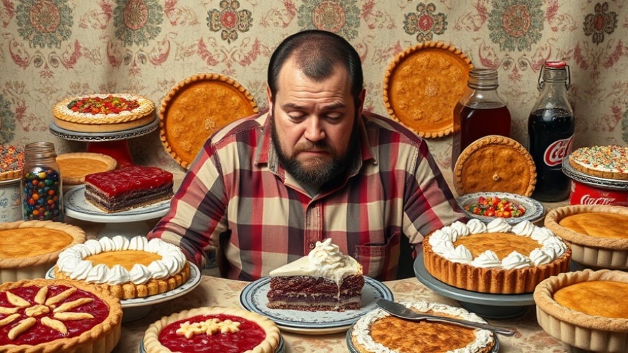 Sad man surrounded by sugar treats, highlighting sugar and mental health for seniors.