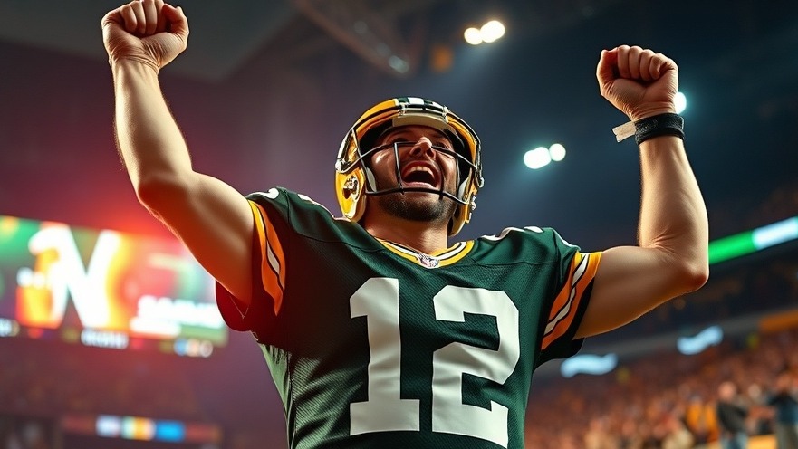 Green Bay Packers player celebrates victory in a vibrant arena, reflecting college football scores.