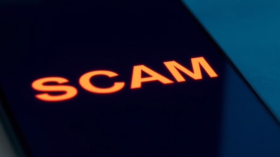 Close-up of smartphone with 'scam' warning, highlighting mobile security against SIM farms.