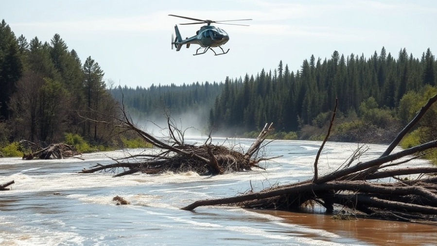 Helicopter over flood-affected Kerr County, highlighting camp negligence and safety measures.